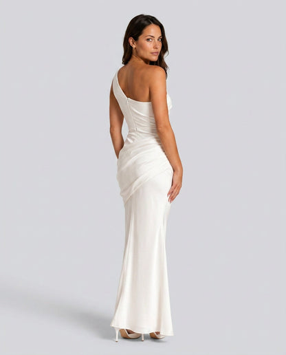 Women's One Shoulder Draped Satin Maxi Dress