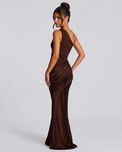 Women's One Shoulder Draped Satin Maxi Dress