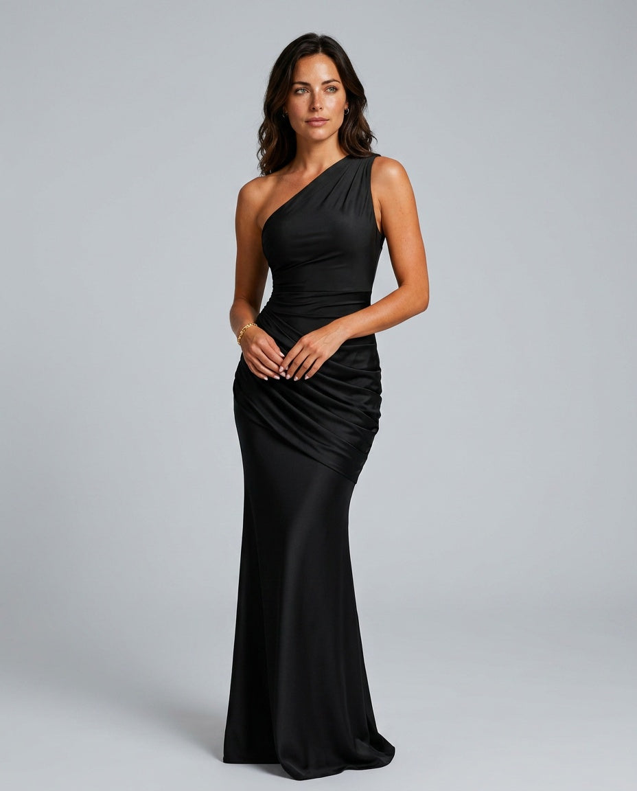 Women's One Shoulder Draped Satin Maxi Dress