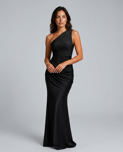 Women's One Shoulder Draped Satin Maxi Dress