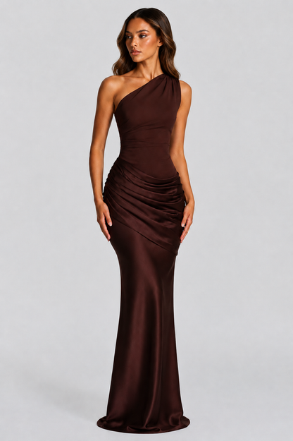 Women's One Shoulder Draped Satin Maxi Dress