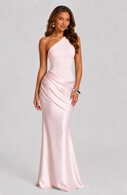 Women's One Shoulder Draped Satin Maxi Dress