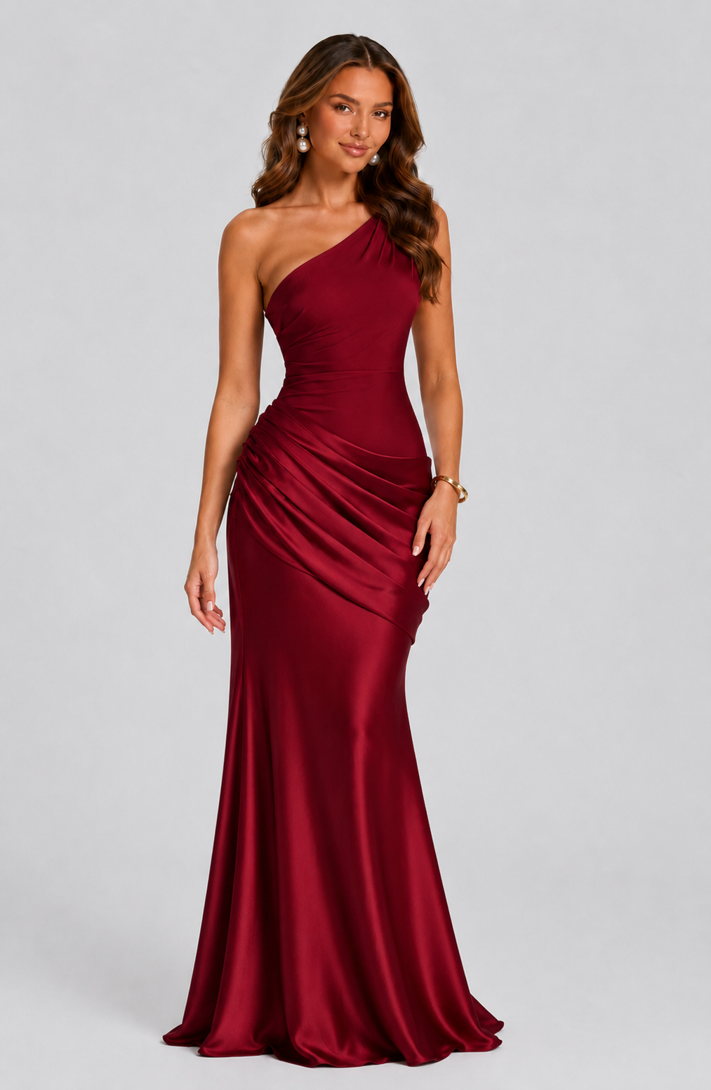 Women's One Shoulder Draped Satin Maxi Dress
