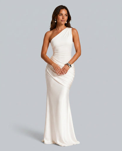 Women's One Shoulder Draped Satin Maxi Dress