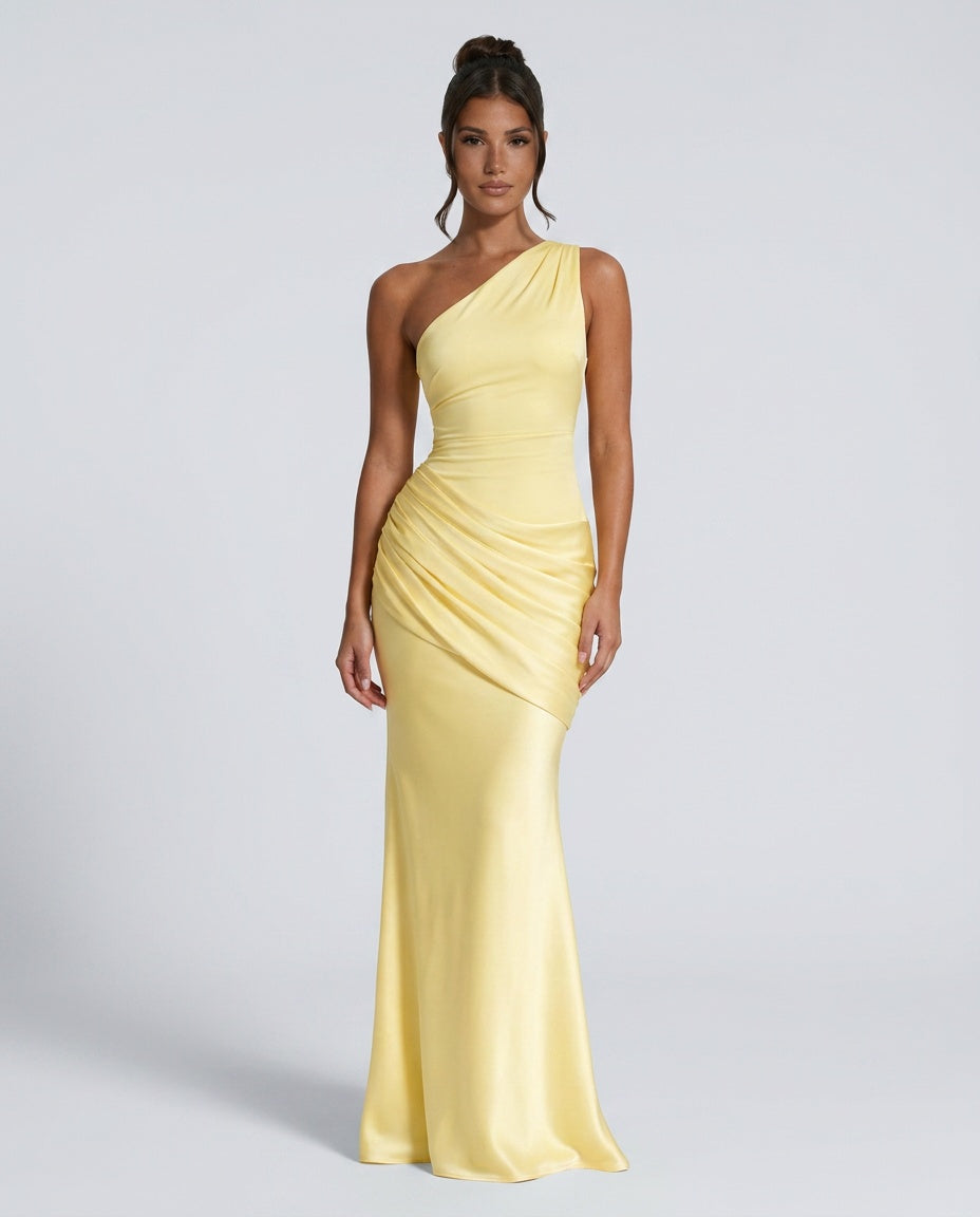 Women's One Shoulder Draped Satin Maxi Dress