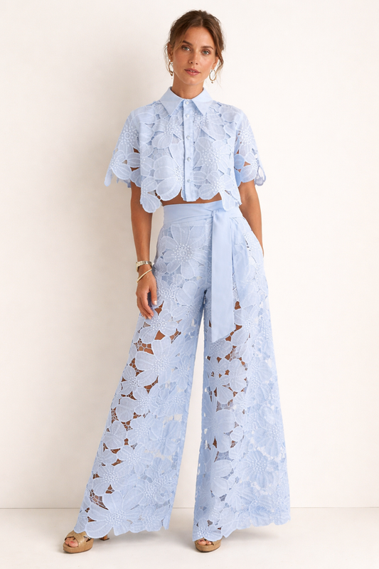 Women's Patterned Summer Blouse and Wide-Leg Pants Set