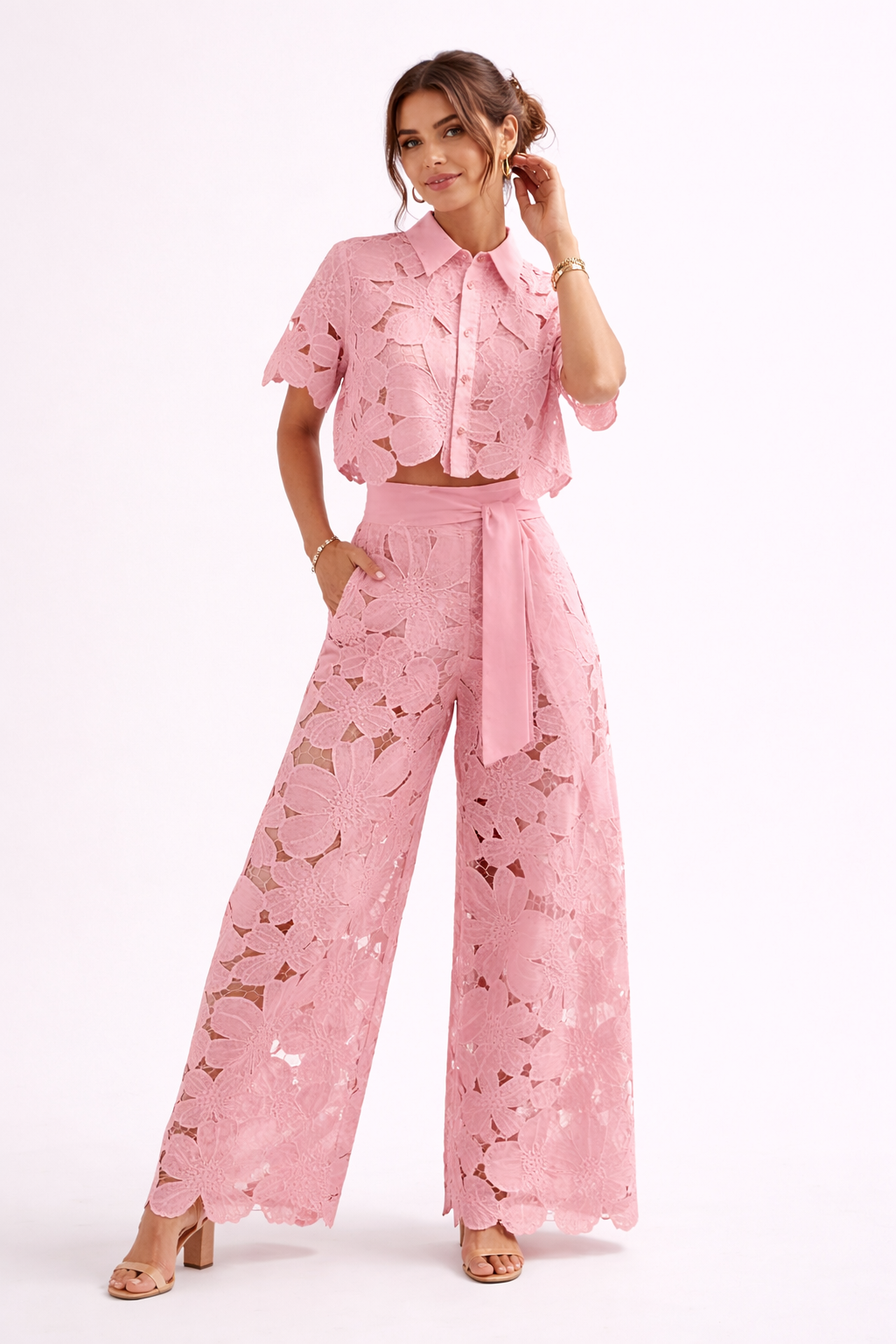 Women's Patterned Summer Blouse and Wide-Leg Pants Set