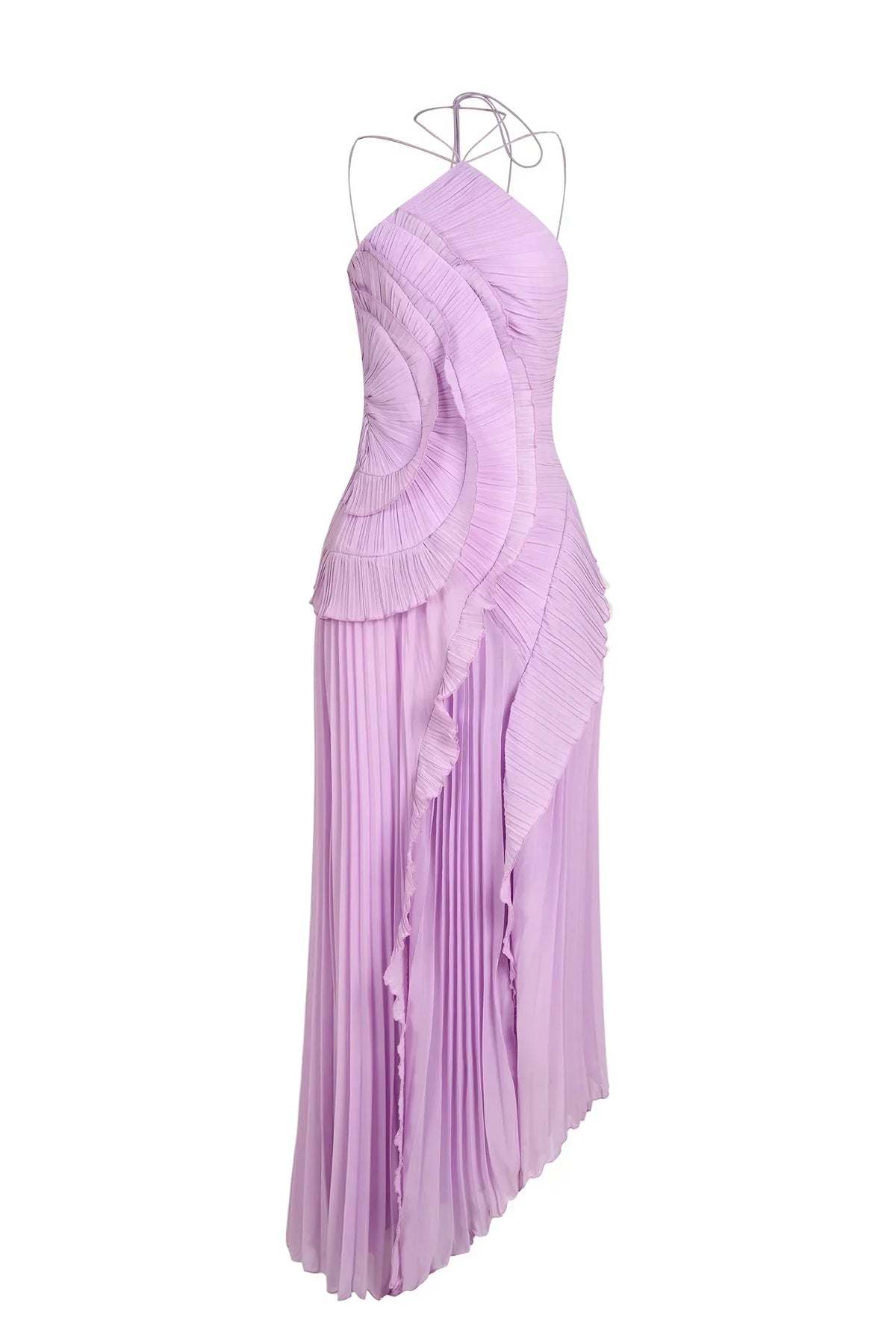Women's Pleated Halter Maxi Dress with Cascading Ruffles