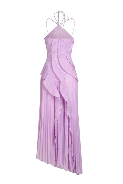 Women's Pleated Halter Maxi Dress with Cascading Ruffles