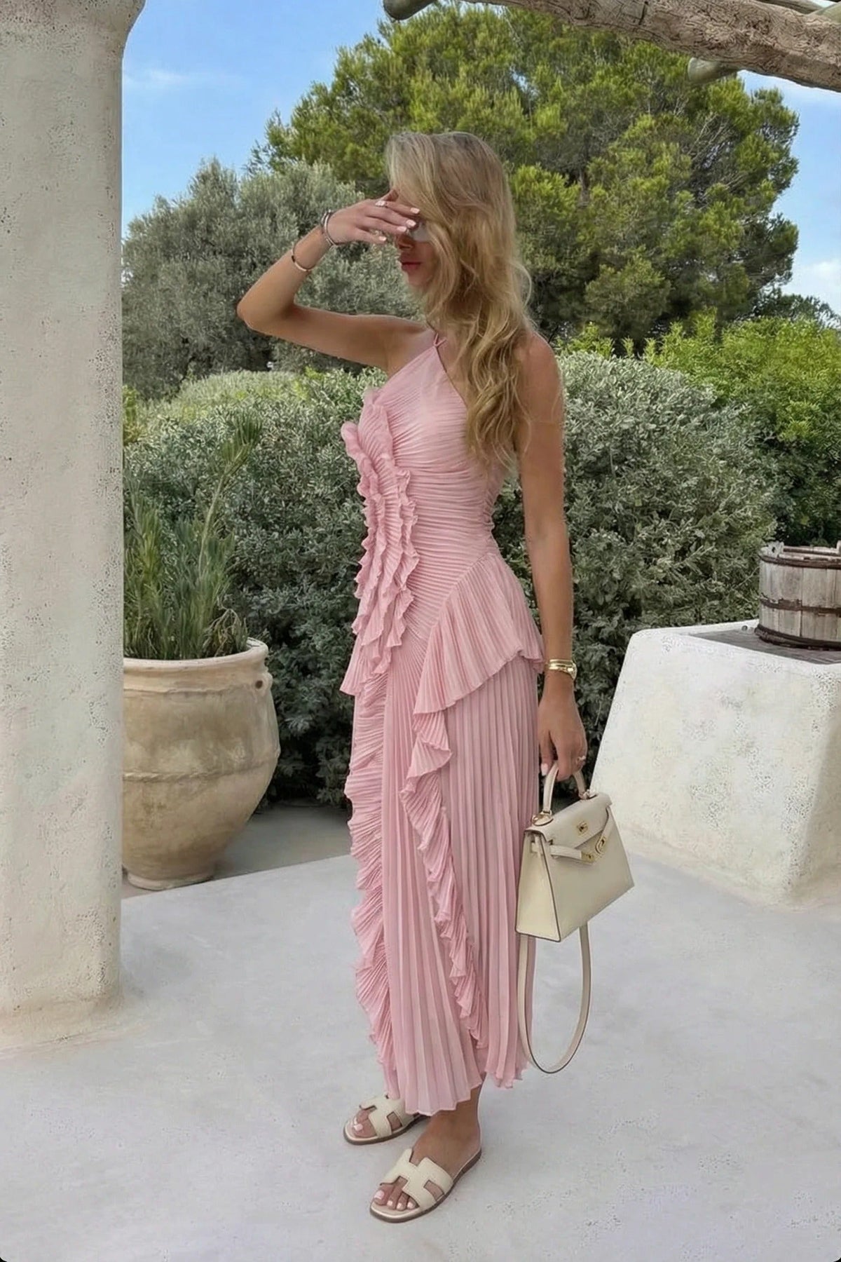 Women's Pleated Halter Maxi Dress with Cascading Ruffles