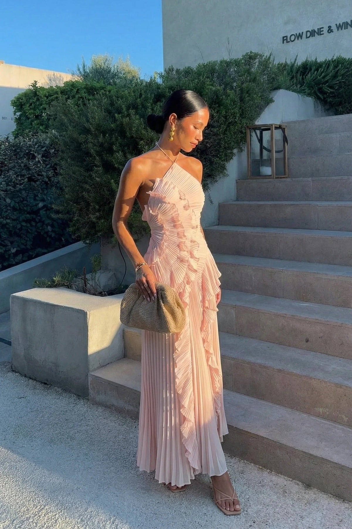 Women's Pleated Halter Maxi Dress with Cascading Ruffles