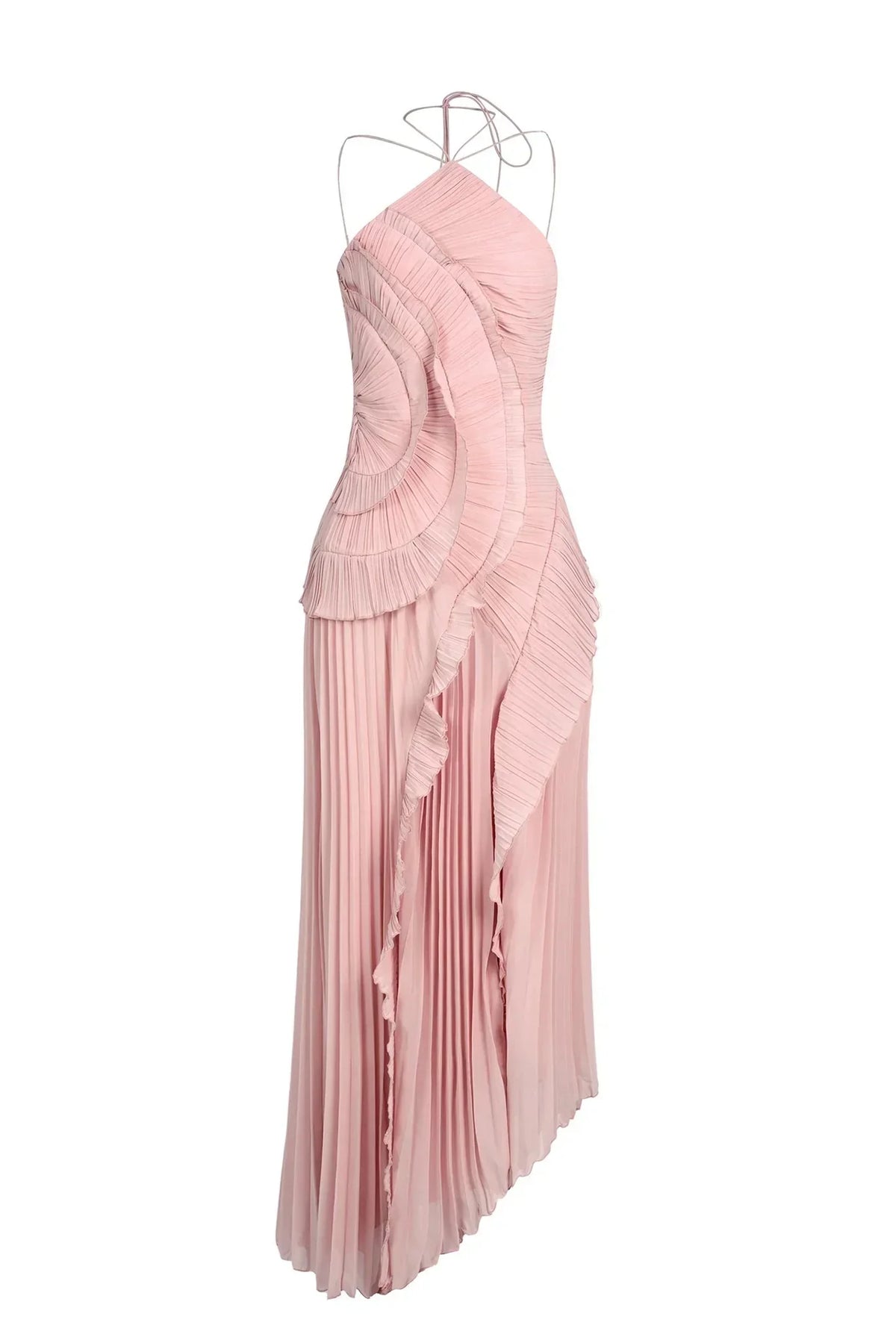 Women's Pleated Halter Maxi Dress with Cascading Ruffles
