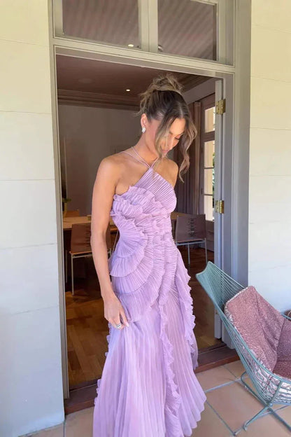 Women's Pleated Halter Maxi Dress with Cascading Ruffles