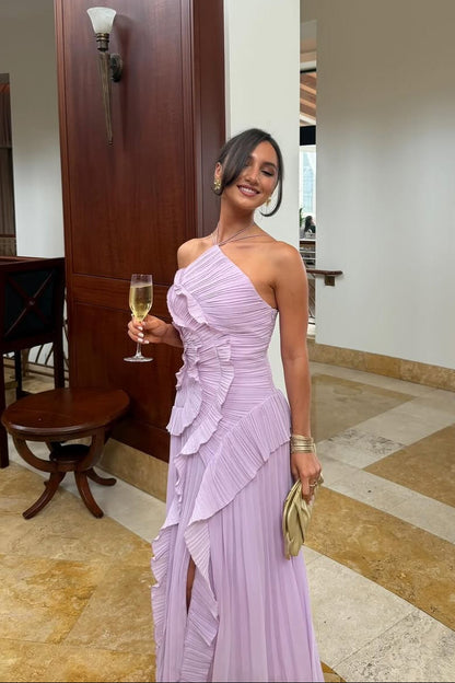 Women's Pleated Halter Maxi Dress with Cascading Ruffles