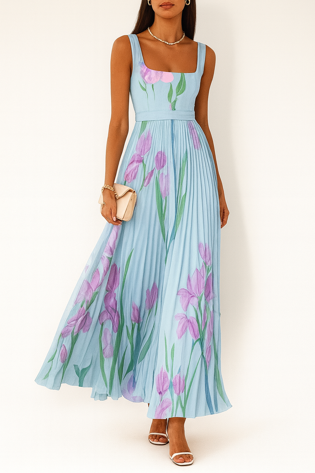 Women's Pleated Maxi Summer Dress with Square Neck and Slim Straps