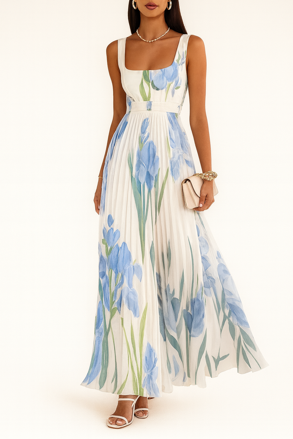 Women's Pleated Maxi Summer Dress with Square Neck and Slim Straps