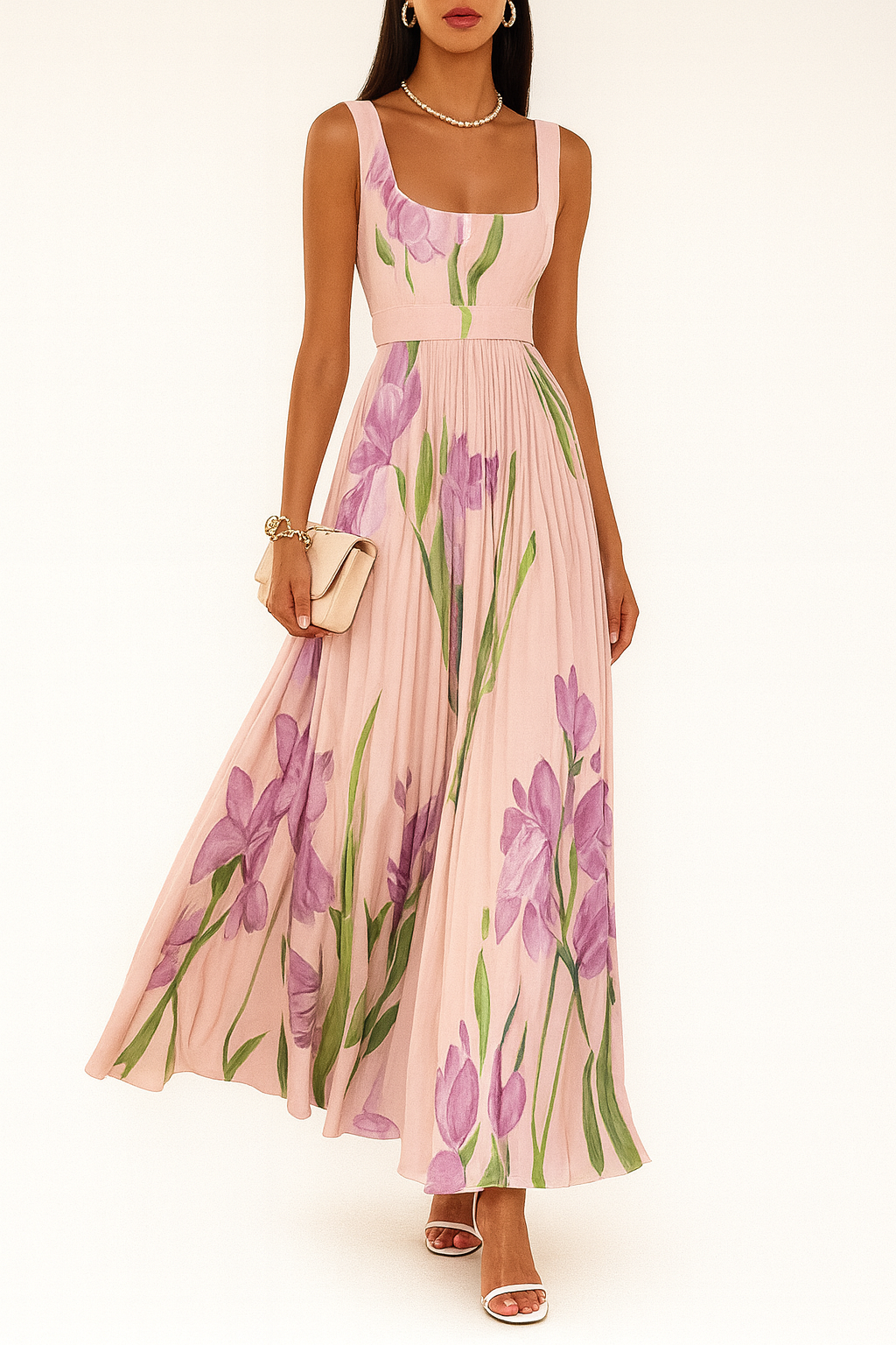 Women's Pleated Maxi Summer Dress with Square Neck and Slim Straps