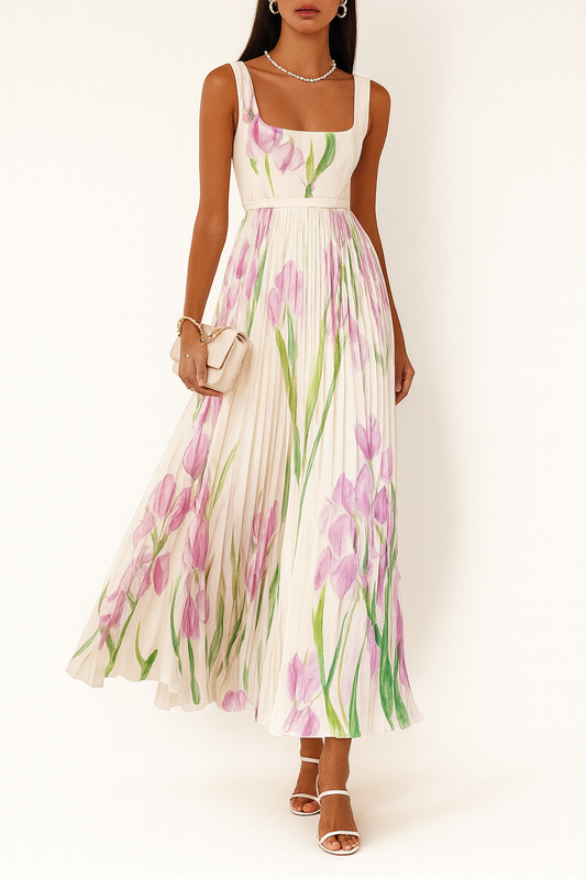 Women's Pleated Maxi Summer Dress with Square Neck and Slim Straps
