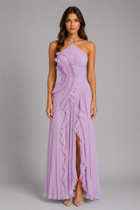 Women's Pleated Ruffle Halter Maxi Dress