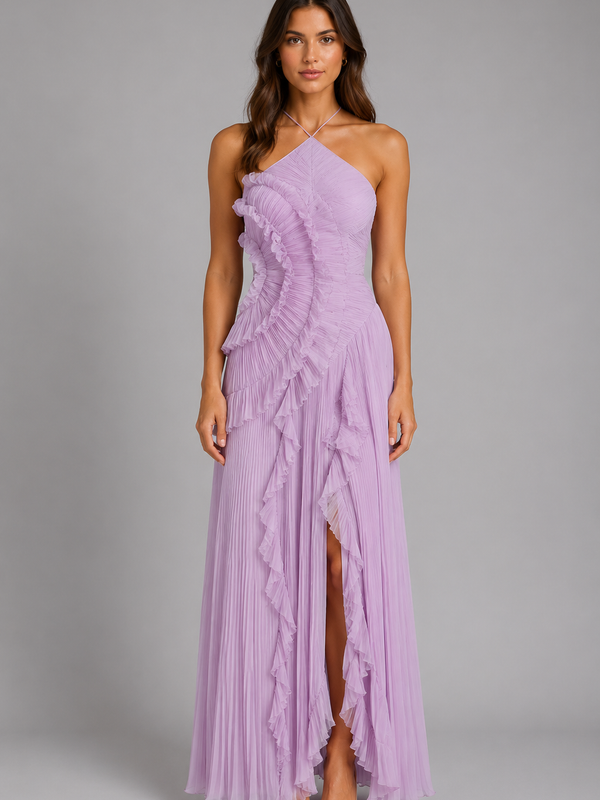 Women's Pleated Ruffle Halter Maxi Dress
