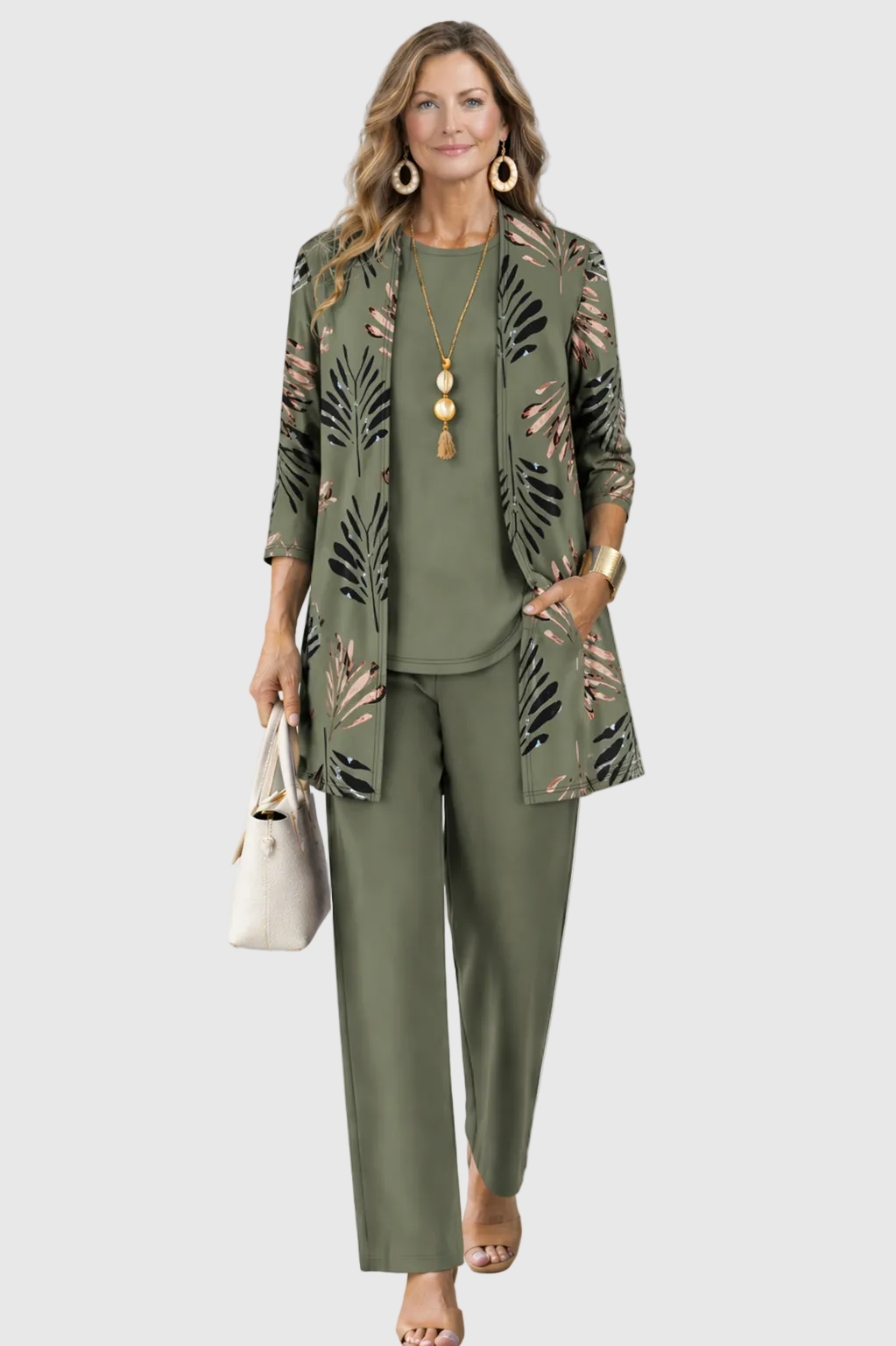 Women's Printed Cotton 3-Piece Set with Duster and Pants