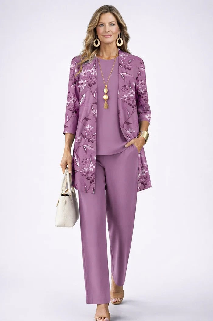 Women's Printed Cotton 3-Piece Set with Duster and Pants