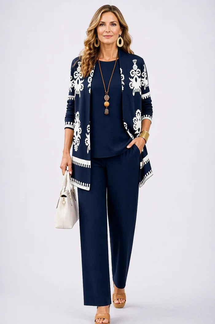 Women's Printed Cotton 3-Piece Set with Duster and Pants