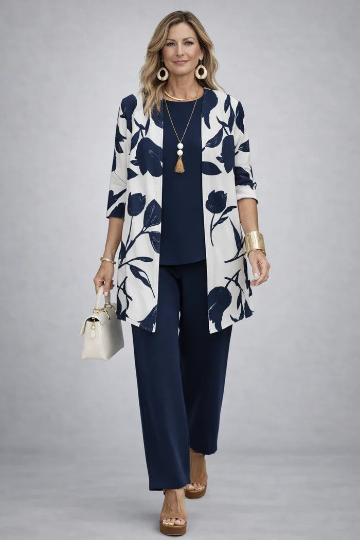 Women's Printed Cotton 3-Piece Set with Duster and Pants