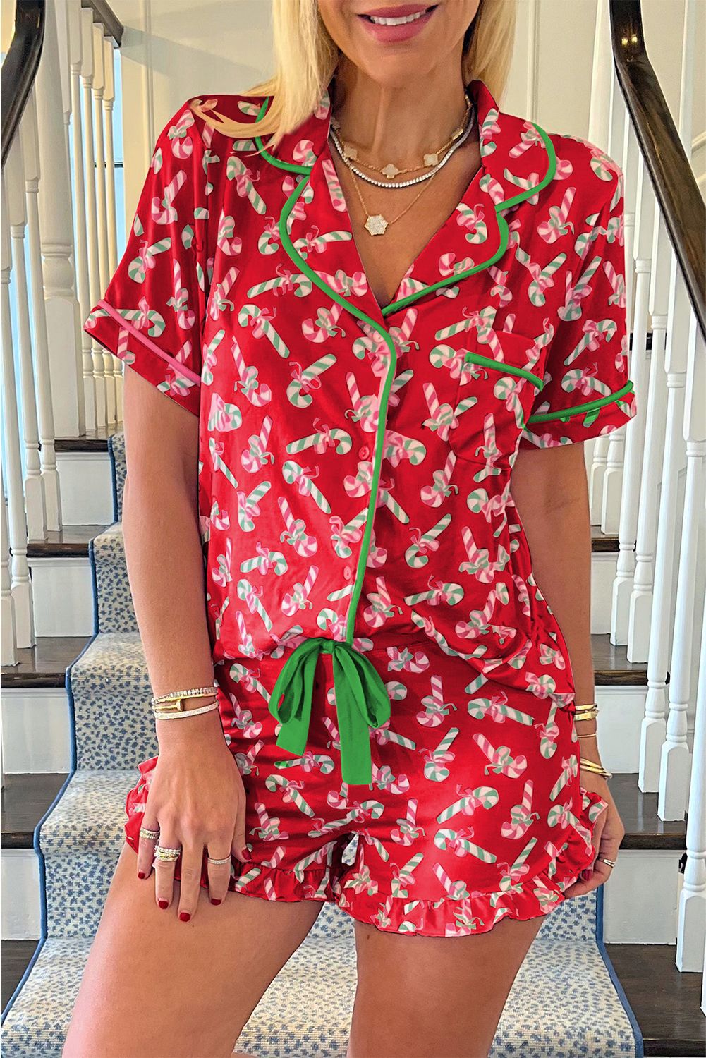 Women's Red Candy Cane Print Christmas Pyjamas
