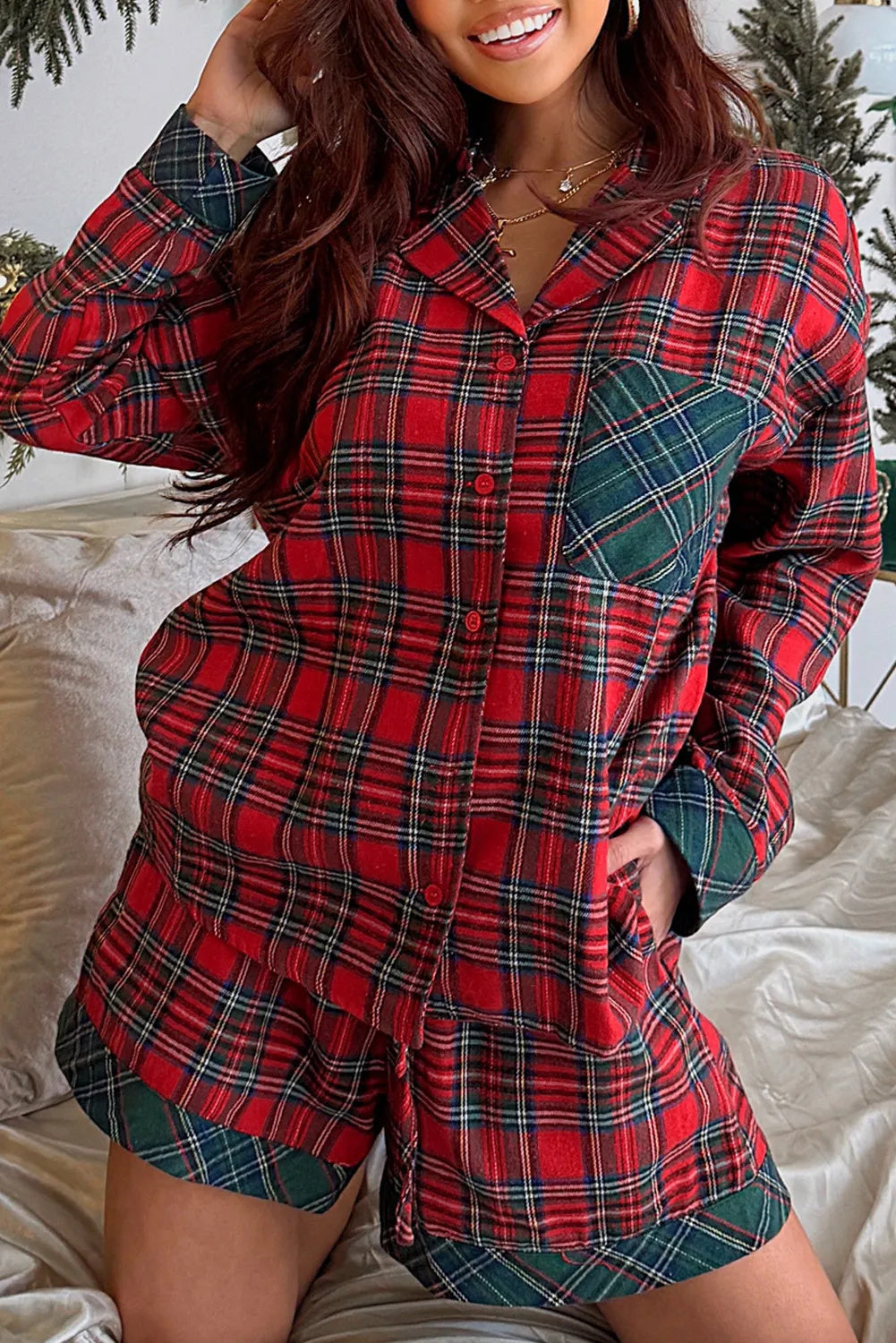 Women's Red Plaid Long Sleeve Pajama Set