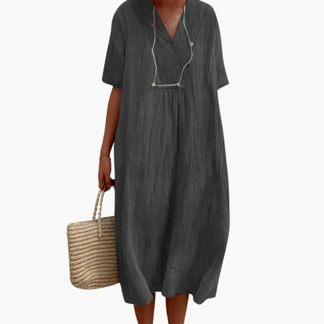Women's Relaxed Linen V-Neck Midi Dress with Button Placket