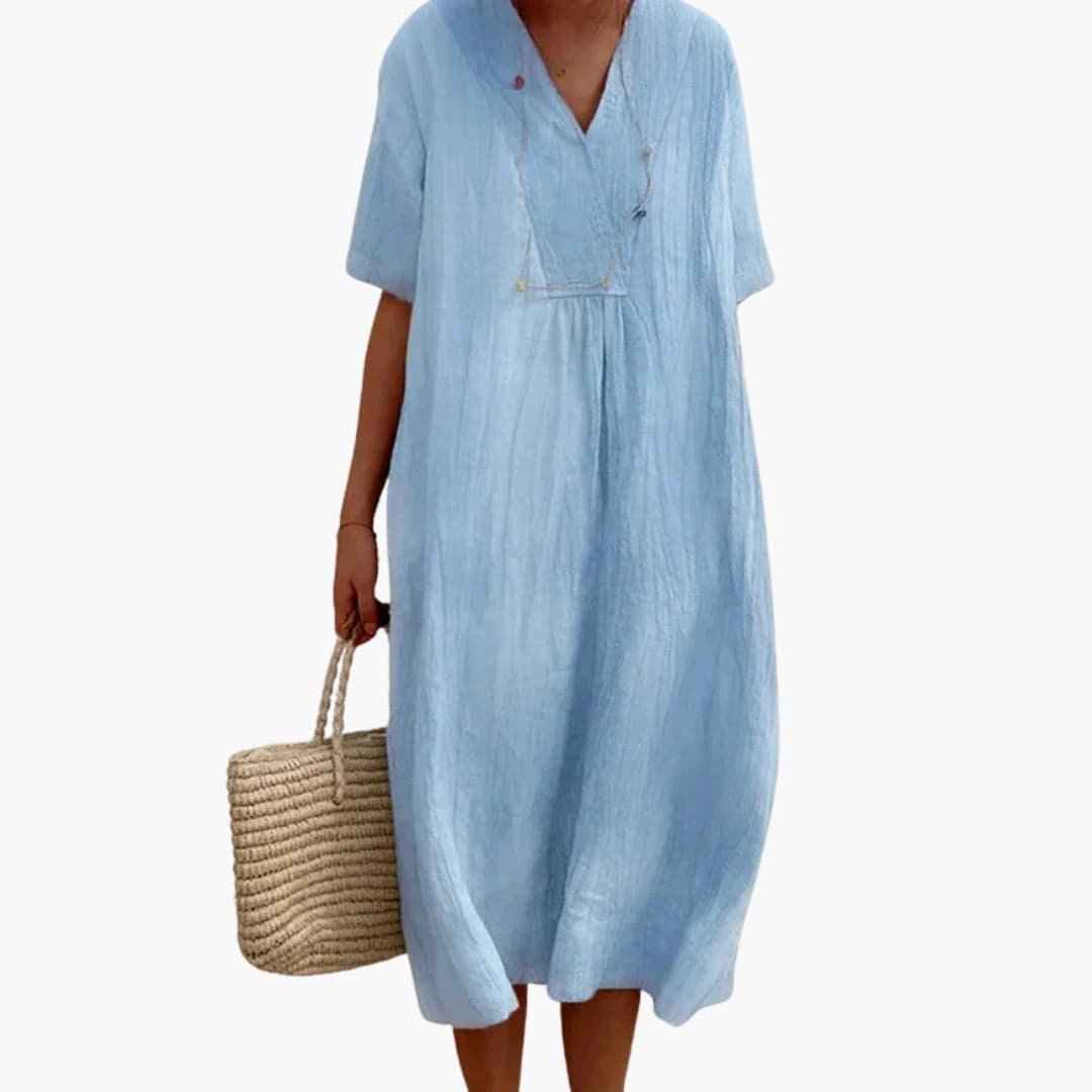 Women's Relaxed Linen V-Neck Midi Dress with Button Placket