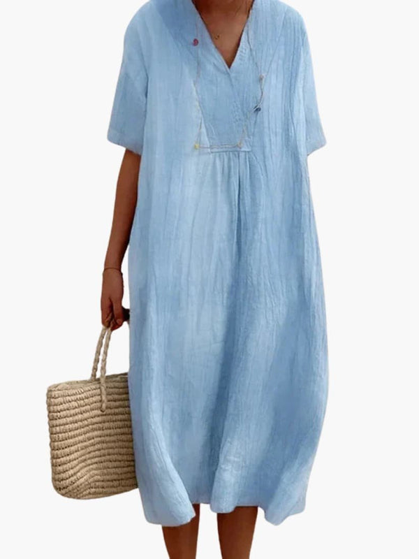 Women's Relaxed Linen V-Neck Midi Dress with Button Placket