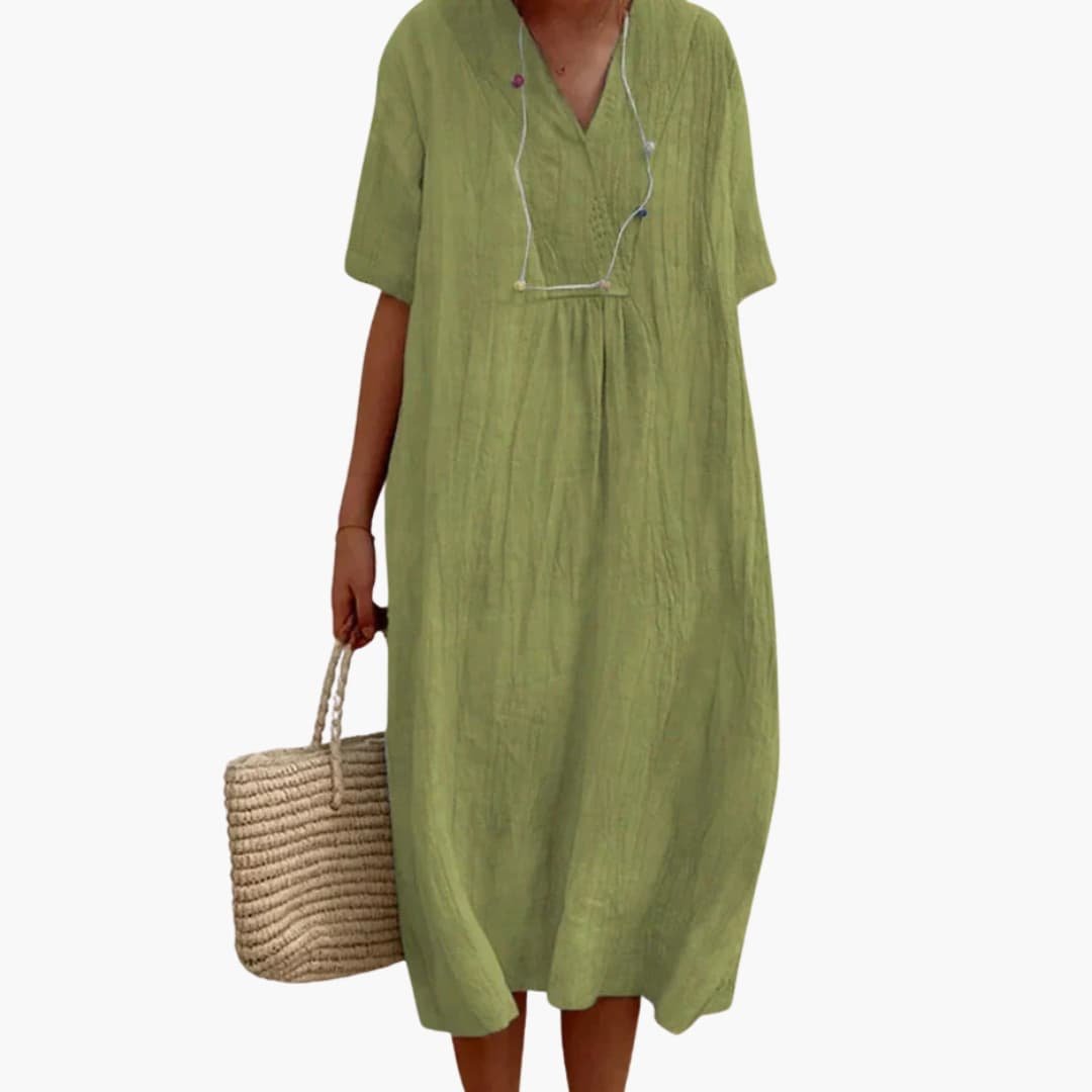 Women's Relaxed Linen V-Neck Midi Dress with Button Placket