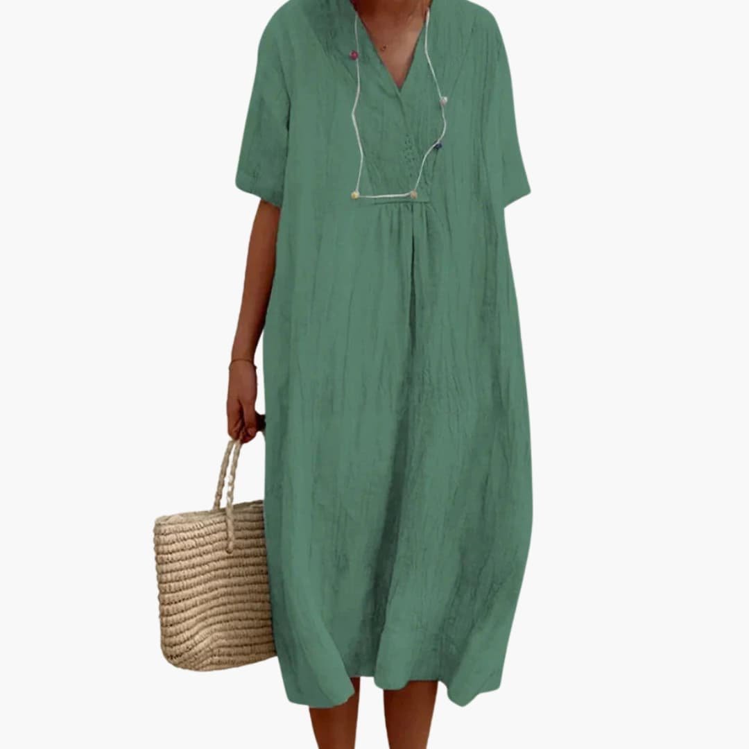 Women's Relaxed Linen V-Neck Midi Dress with Button Placket