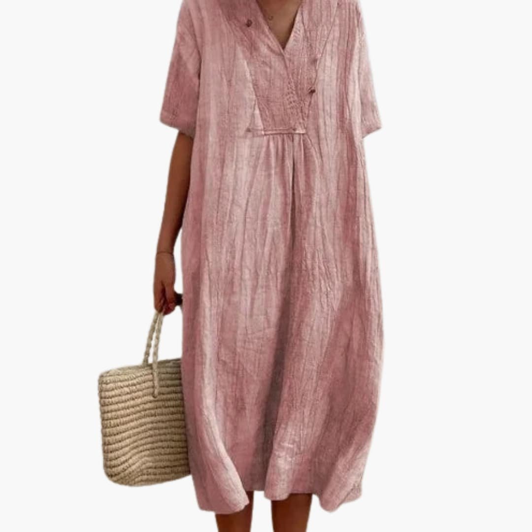 Women's Relaxed Linen V-Neck Midi Dress with Button Placket