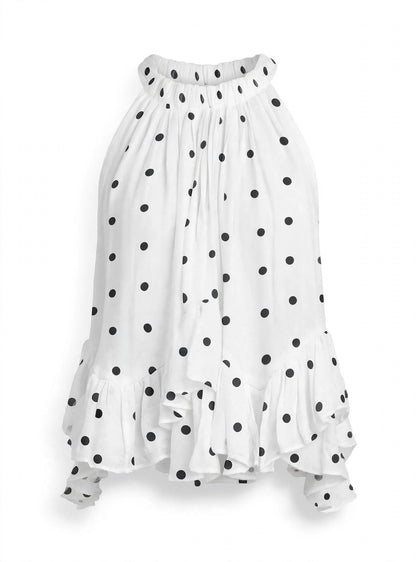 Women's Ruffled Tie-Neck Blouse With Polka Dot Print