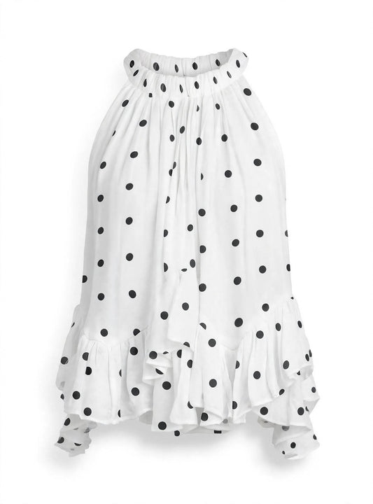 Women's Ruffled Tie-Neck Blouse With Polka Dot Print