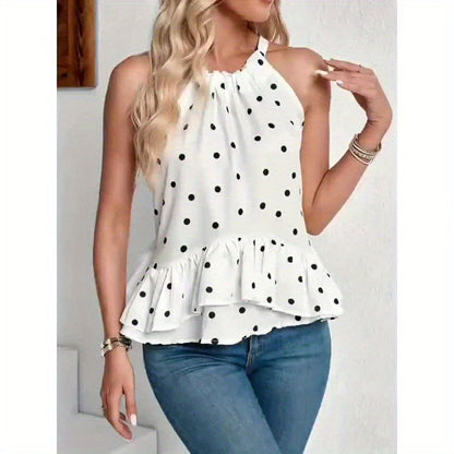Women's Ruffled Tie-Neck Blouse With Polka Dot Print