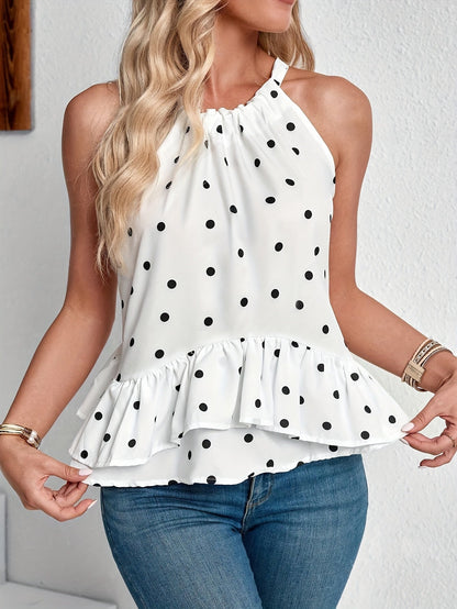 Women's Ruffled Tie-Neck Blouse With Polka Dot Print