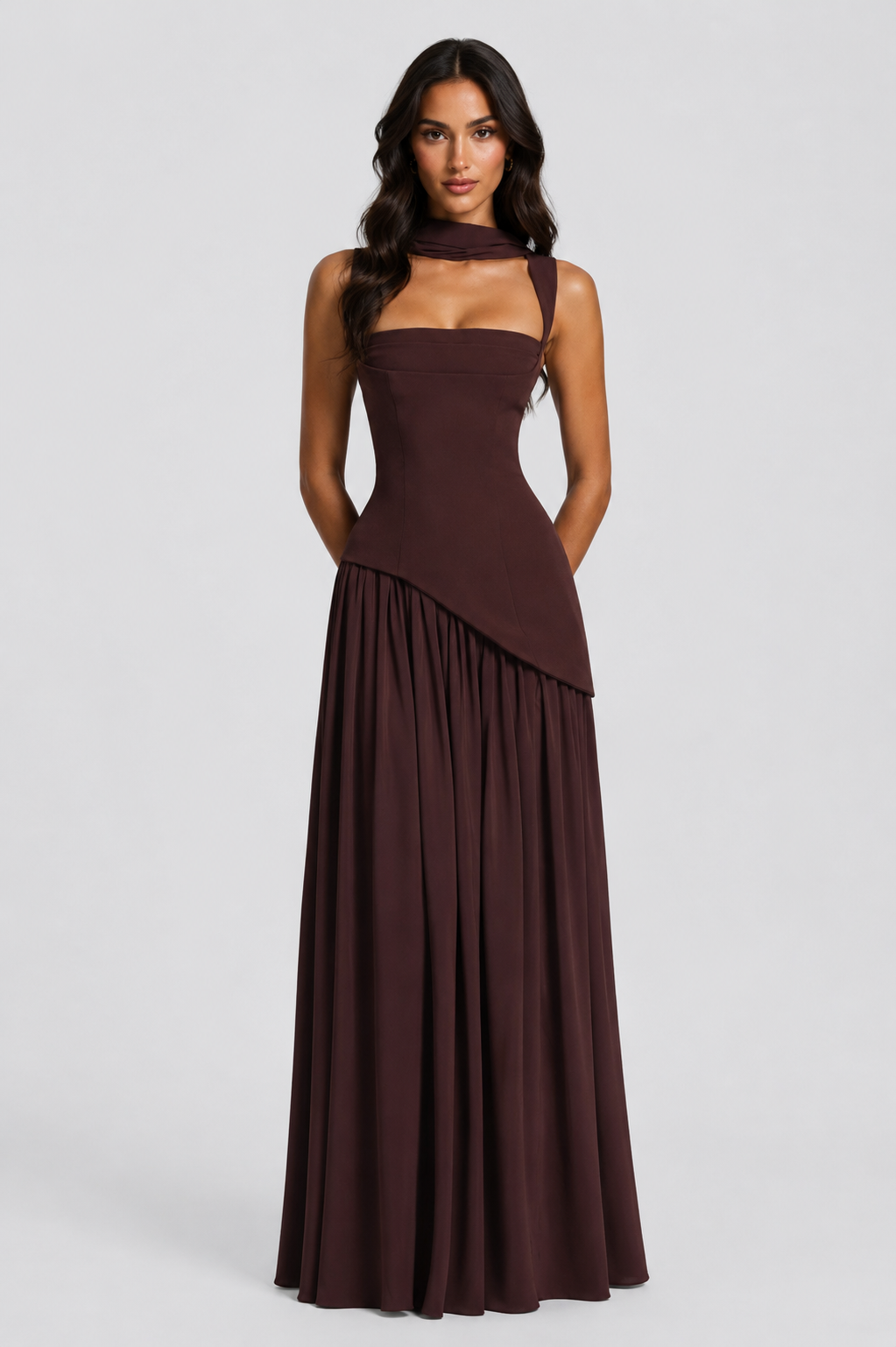 Women's Sculpted Draped Satin Feel Maxi Dress