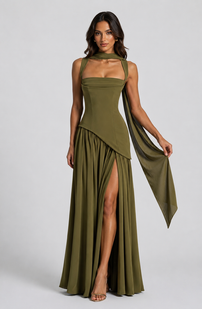 Women's Sculpted Draped Satin Feel Maxi Dress