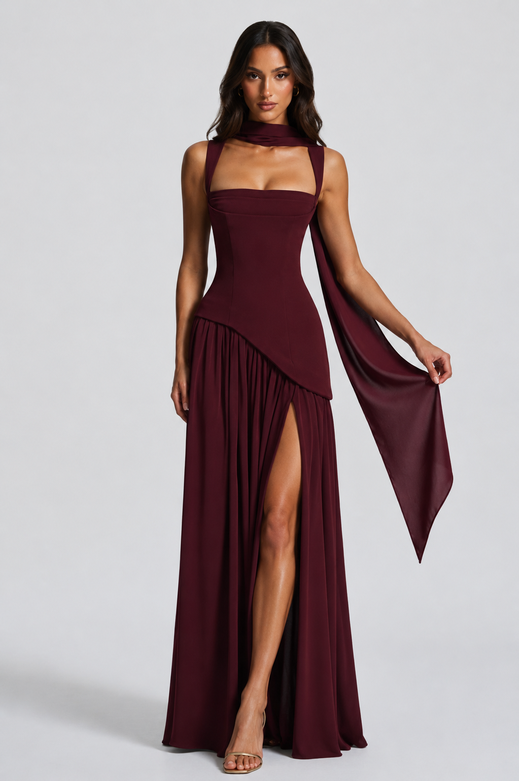 Women's Sculpted Draped Satin Feel Maxi Dress