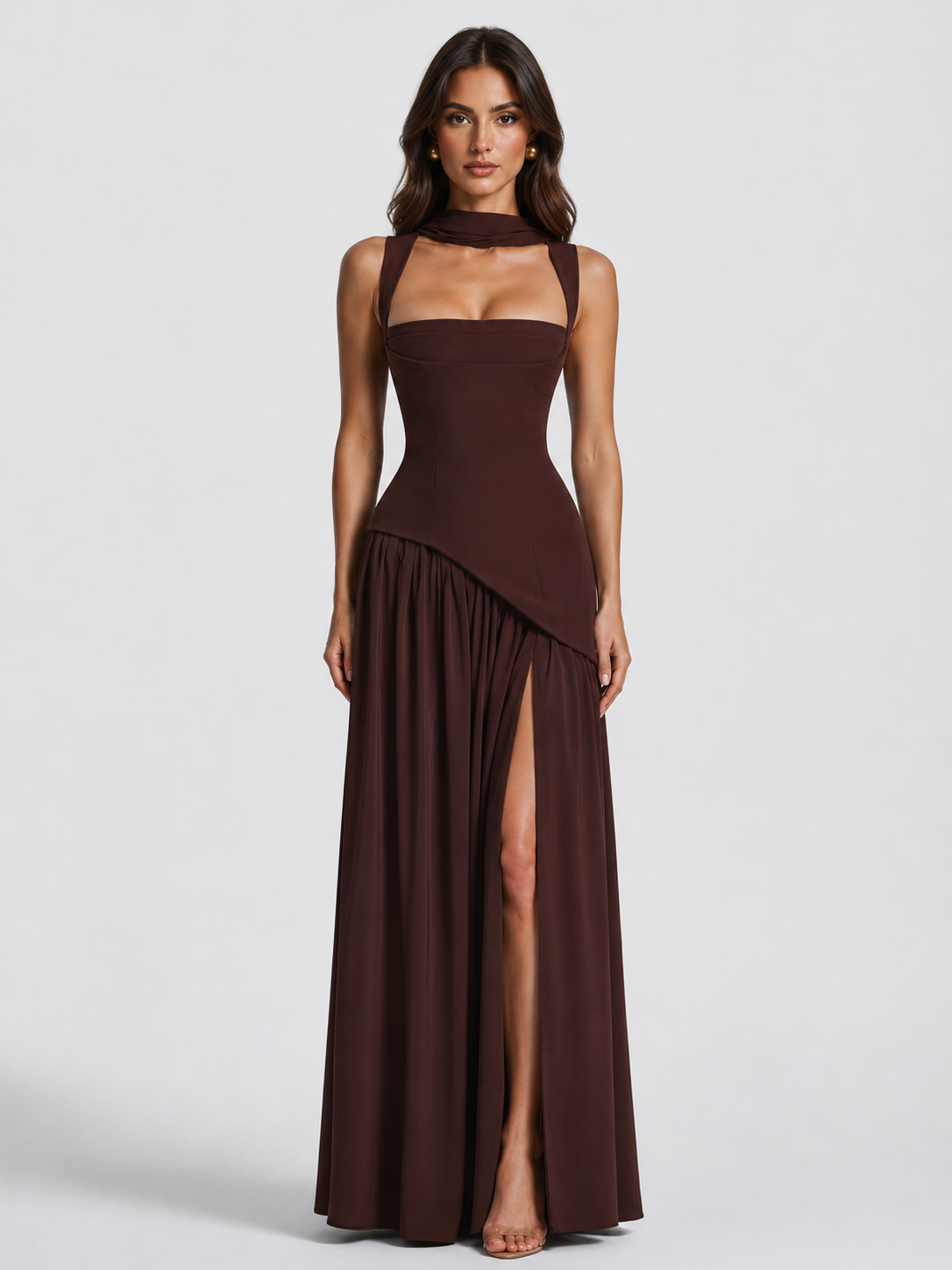 Women's Sculpted Draped Satin Feel Maxi Dress