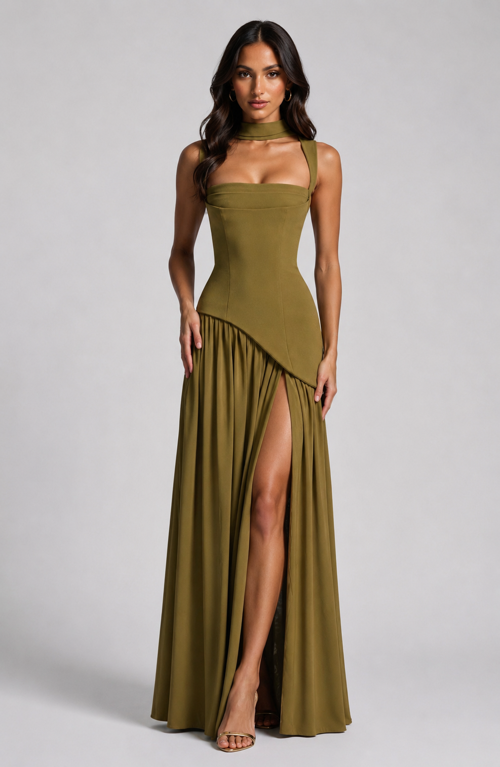 Women's Sculpted Draped Satin Feel Maxi Dress