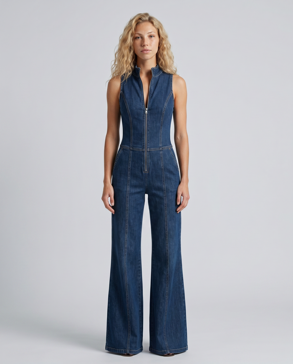 Women's Sleeveless Denim Jumpsuit with Zip Front and Flared Leg