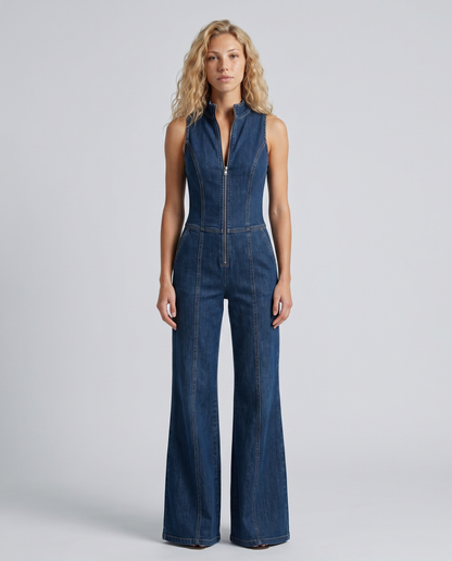 Women's Sleeveless Denim Jumpsuit with Zip Front and Flared Leg