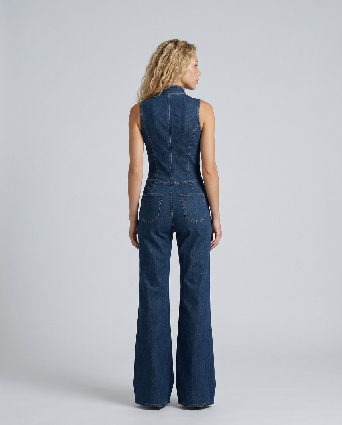 Women's Sleeveless Denim Jumpsuit with Zip Front and Flared Leg