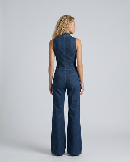 Women's Sleeveless Denim Jumpsuit with Zip Front and Flared Leg