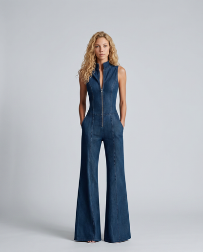 Women's Sleeveless Denim Jumpsuit with Zip Front and Flared Leg